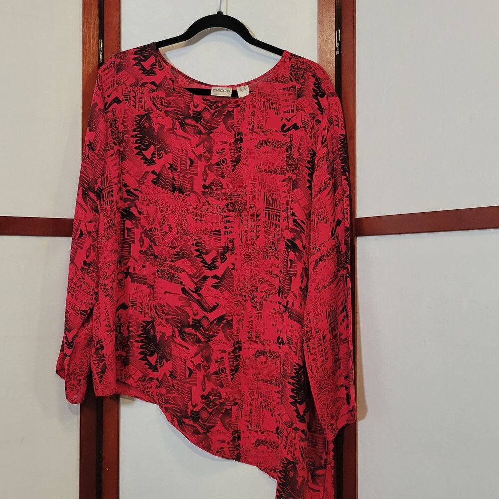 Chico's Asymmetrical Cut Red & Black Silk Blouse - Size 3